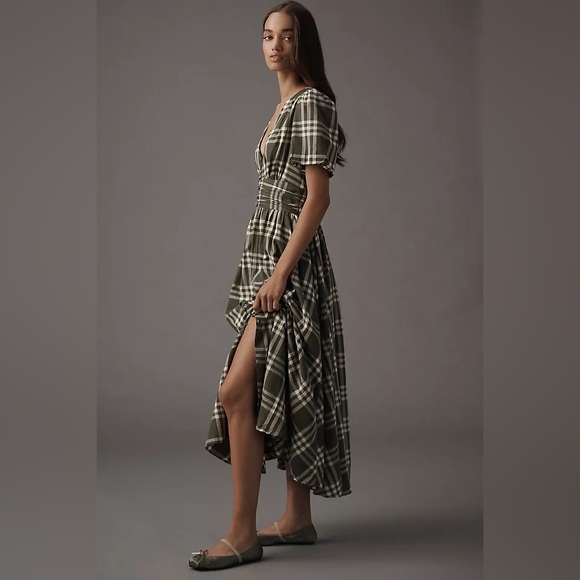 By Anthropologie Katerina Button Front Puff Sleeve Green Plaid Maxi Dress size L - Picture 3 of 9